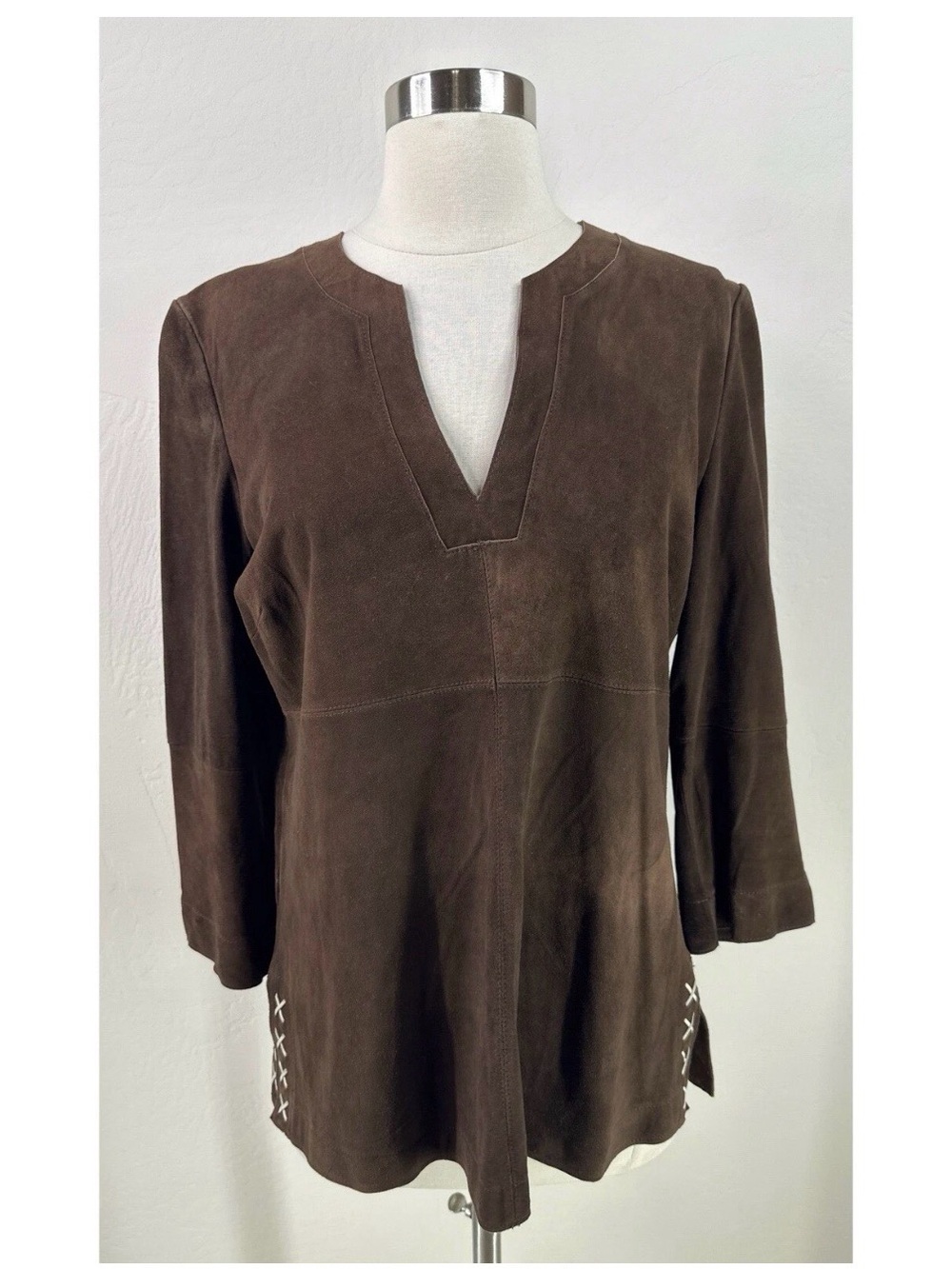 Stetson Brown Suede V-Neck 3/4 sleeve Tunic Top